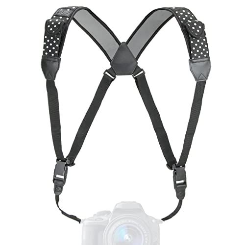  USA GEAR DSLR Camera Strap Chest Harness with Quick Release Buckles, Polka Dot Neoprene Pattern and Accessory Pockets - Compatible with Canon, Nikon, Sony Point and Shoot and Mirro