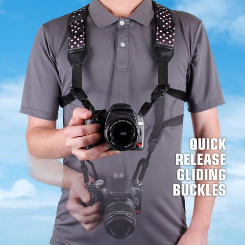  USA GEAR DSLR Camera Strap Chest Harness with Quick Release Buckles, Polka Dot Neoprene Pattern and Accessory Pockets - Compatible with Canon, Nikon, Sony Point and Shoot and Mirro