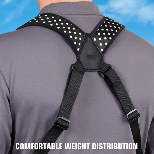  USA GEAR DSLR Camera Strap Chest Harness with Quick Release Buckles, Polka Dot Neoprene Pattern and Accessory Pockets - Compatible with Canon, Nikon, Sony Point and Shoot and Mirro