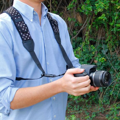  USA GEAR DSLR Camera Strap Chest Harness with Quick Release Buckles, Polka Dot Neoprene Pattern and Accessory Pockets - Compatible with Canon, Nikon, Sony Point and Shoot and Mirro