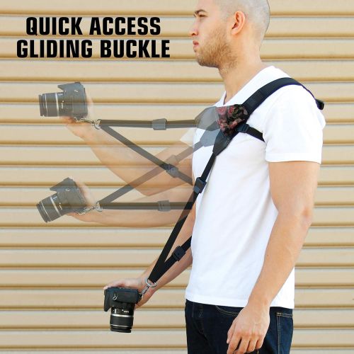  USA GEAR Camera Sling Shoulder Strap with Adjustable Neoprene, Safety Tether, Accessory Pocket, Quick Release Buckle - Compatible with Canon, Nikon, Sony and More DSLR and Mirrorle