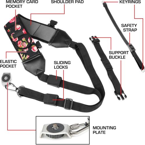  USA GEAR Camera Sling Shoulder Strap with Adjustable Neoprene, Safety Tether, Accessory Pocket, Quick Release Buckle - Compatible with Canon, Nikon, Sony and More DSLR and Mirrorle