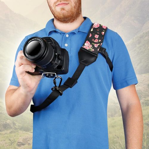 USA GEAR Camera Sling Shoulder Strap with Adjustable Neoprene, Safety Tether, Accessory Pocket, Quick Release Buckle - Compatible with Canon, Nikon, Sony and More DSLR and Mirrorle