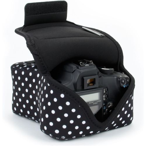  USA GEAR DSLR Camera Sleeve Case (Polka Dot) with Neoprene Protection , Holster Belt Loop and Accessory Storage - Compatible with Nikon D3400, Canon EOS Rebel SL2, Pentax K-70 and