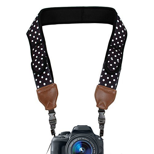 USA GEAR TrueSHOT Camera Strap with Polka Dot Neoprene Pattern, Accessory Storage Pockets and Quick Release Buckles - Conpatible with Canon, Nikon, Fujifilm, Sony, Panasonic and Mo