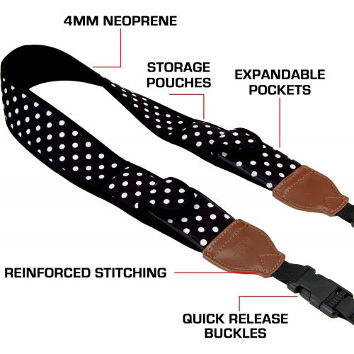  USA GEAR TrueSHOT Camera Strap with Polka Dot Neoprene Pattern, Accessory Storage Pockets and Quick Release Buckles - Conpatible with Canon, Nikon, Fujifilm, Sony, Panasonic and Mo