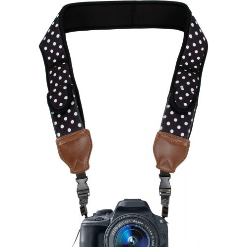  USA GEAR TrueSHOT Camera Strap with Polka Dot Neoprene Pattern, Accessory Storage Pockets and Quick Release Buckles - Conpatible with Canon, Nikon, Fujifilm, Sony, Panasonic and Mo