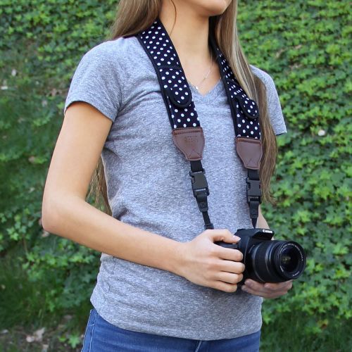  USA GEAR TrueSHOT Camera Strap with Polka Dot Neoprene Pattern, Accessory Storage Pockets and Quick Release Buckles - Conpatible with Canon, Nikon, Fujifilm, Sony, Panasonic and Mo