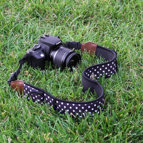  USA GEAR TrueSHOT Camera Strap with Polka Dot Neoprene Pattern, Accessory Storage Pockets and Quick Release Buckles - Conpatible with Canon, Nikon, Fujifilm, Sony, Panasonic and Mo