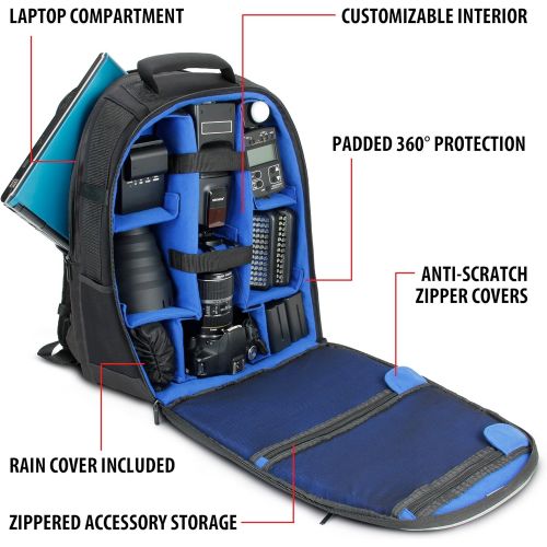  USA Gear SLR Digital Camera Backpack with Laptop Compartment, Front Loading Access, Large Lens Storage, Weather Resistant Bottom and Rain Cover - Compatible with Canon, Nikon, Sony