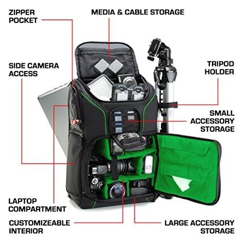  USA Gear DSLR Camera Backpack Case - 15.6 inch Laptop Compartment, Padded Custom Dividers, Tripod Holder, Rain Cover, Long-Lasting Durability and Storage Pockets - Compatible with