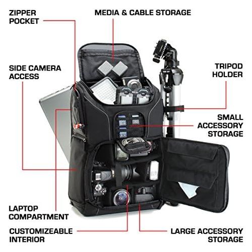  [아마존베스트]USA GEAR DSLR Camera Backpack Case (Black) - 15.6 inch Laptop Compartment, Padded Custom Dividers, Tripod Holder, Rain Cover, Long-Lasting Durability and Storage Pockets - Compatib