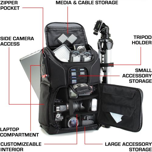  [아마존베스트]USA GEAR DSLR Camera Backpack Case (Black) - 15.6 inch Laptop Compartment, Padded Custom Dividers, Tripod Holder, Rain Cover, Long-Lasting Durability and Storage Pockets - Compatib