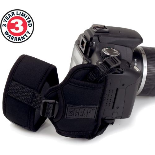  USA GEAR Professional Camera Grip Hand Strap with Black Neoprene Design and Metal Plate - Compatible with Canon , Fujifilm , Nikon , Sony and more DSLR , Mirrorless , Point & Shoot