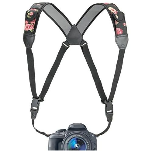  USA GEAR DSLR Camera Strap Chest Harness with Quick Release Buckles, Floral Neoprene Pattern and Accessory Pockets - Compatible with Canon, Nikon, Sony and More Point and Shoot and