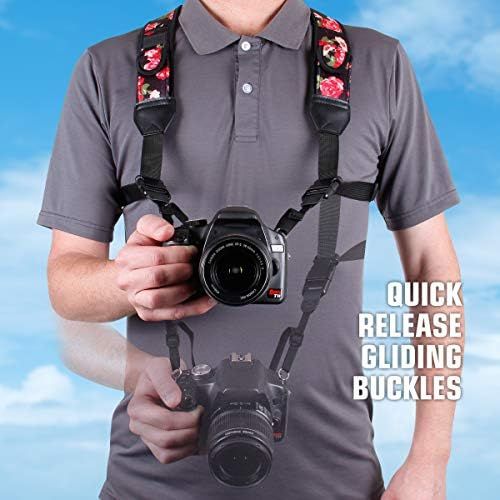  USA GEAR DSLR Camera Strap Chest Harness with Quick Release Buckles, Floral Neoprene Pattern and Accessory Pockets - Compatible with Canon, Nikon, Sony and More Point and Shoot and