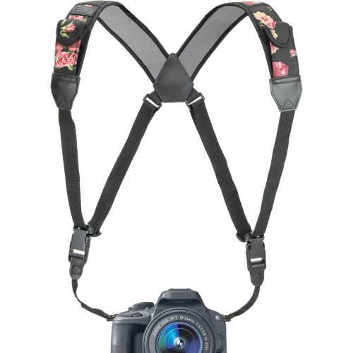  USA GEAR DSLR Camera Strap Chest Harness with Quick Release Buckles, Floral Neoprene Pattern and Accessory Pockets - Compatible with Canon, Nikon, Sony and More Point and Shoot and