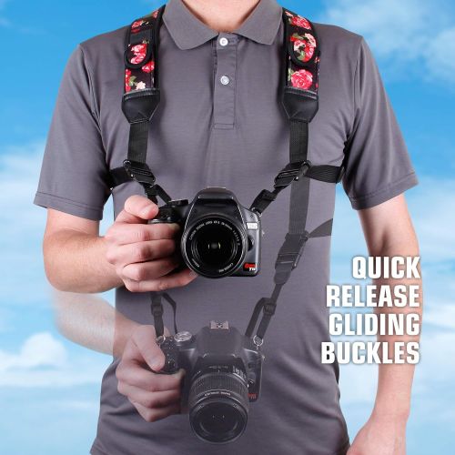  USA GEAR DSLR Camera Strap Chest Harness with Quick Release Buckles, Floral Neoprene Pattern and Accessory Pockets - Compatible with Canon, Nikon, Sony and More Point and Shoot and