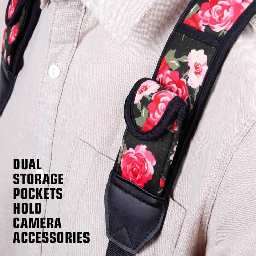  USA GEAR DSLR Camera Strap Chest Harness with Quick Release Buckles, Floral Neoprene Pattern and Accessory Pockets - Compatible with Canon, Nikon, Sony and More Point and Shoot and