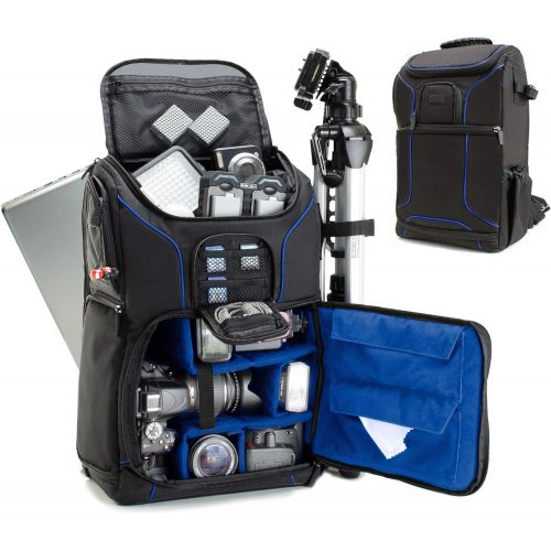  USA GEAR Professional Camera Backpack DSLR Photo Bag (Blue) with Comfort Strap Design, Laptop, Tripod Holder, Lens and Accessory Storage - Compatible with Canon EOS Rebel T5, T6 an