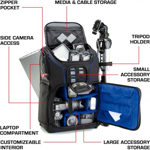  USA GEAR Professional Camera Backpack DSLR Photo Bag (Blue) with Comfort Strap Design, Laptop, Tripod Holder, Lens and Accessory Storage - Compatible with Canon EOS Rebel T5, T6 an