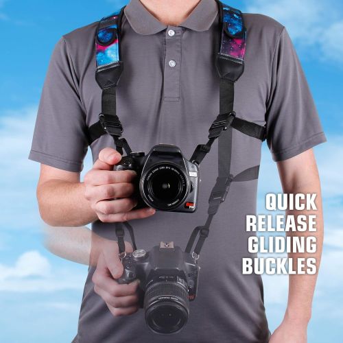  USA GEAR DSLR Camera Strap Chest Harness with Quick Release Buckles, Galaxy Neoprene Pattern and Accessory Pockets - Compatible with Canon, Nikon, Sony and More Point and Shoot and