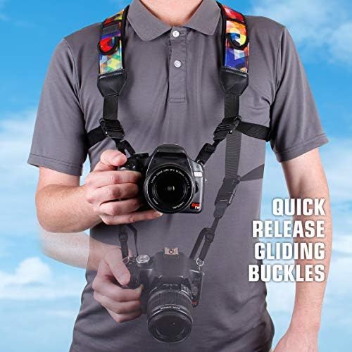  USA GEAR DSLR Camera Strap Chest Harness with Quick Release Buckles, Geometric Neoprene Pattern and Accessory Pockets - Compatible with Canon, Nikon, Sony Point and Shoot and Mirro