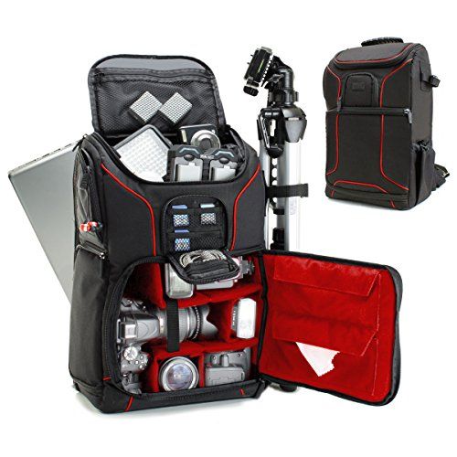  USA GEAR Professional Camera Backpack DSLR Photo Bag (Red) with Comfort Strap Design, Laptop, Tripod Holder, Lens and Accessory Storage Compatible with Canon EOS Rebel T5, T6 and M