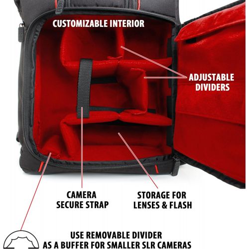  USA GEAR Professional Camera Backpack DSLR Photo Bag (Red) with Comfort Strap Design, Laptop, Tripod Holder, Lens and Accessory Storage Compatible with Canon EOS Rebel T5, T6 and M