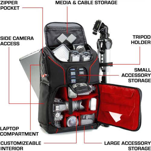  USA GEAR Professional Camera Backpack DSLR Photo Bag (Red) with Comfort Strap Design, Laptop, Tripod Holder, Lens and Accessory Storage Compatible with Canon EOS Rebel T5, T6 and M