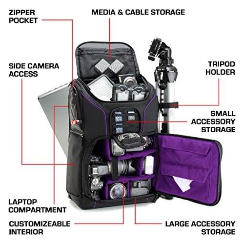  USA GEAR DSLR Camera Backpack Case - 15.6 inch Laptop Compartment, Padded Custom Dividers, Tripod Holder, Rain Cover, Long-Lasting Durability and Storage Pockets - Compatible with