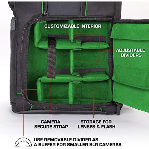  USA Gear DSLR Camera Backpack Case - 15.6 inch Laptop Compartment, Padded Custom Dividers, Tripod Holder, Rain Cover, Long-Lasting Durability and Storage Pockets - Compatible with