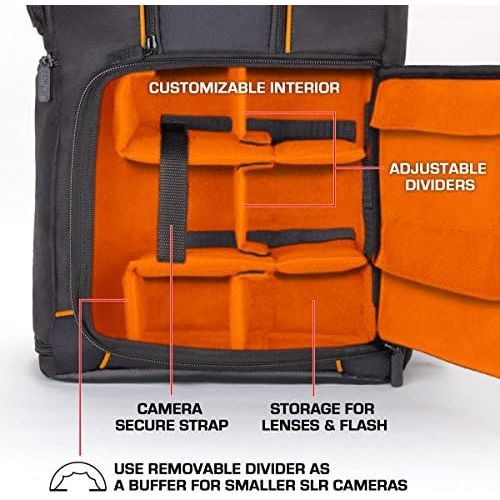  USA GEAR DSLR Camera Backpack Case (Orange) - 15.6 inch Laptop Compartment, Padded Custom Dividers, Tripod Holder, Rain Cover, Long-Lasting Durability and Storage Pockets - Compati