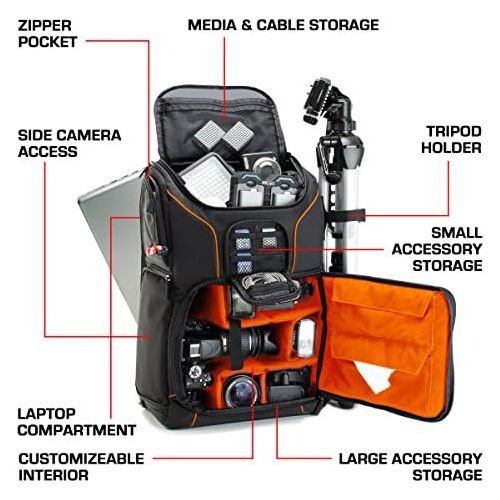  USA GEAR DSLR Camera Backpack Case (Orange) - 15.6 inch Laptop Compartment, Padded Custom Dividers, Tripod Holder, Rain Cover, Long-Lasting Durability and Storage Pockets - Compati