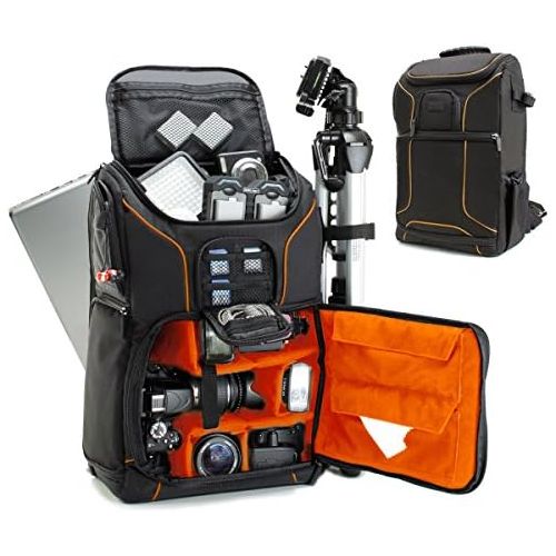  USA GEAR DSLR Camera Backpack Case (Orange) - 15.6 inch Laptop Compartment, Padded Custom Dividers, Tripod Holder, Rain Cover, Long-Lasting Durability and Storage Pockets - Compati