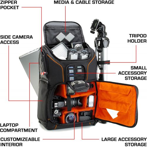  USA GEAR DSLR Camera Backpack Case (Orange) - 15.6 inch Laptop Compartment, Padded Custom Dividers, Tripod Holder, Rain Cover, Long-Lasting Durability and Storage Pockets - Compati