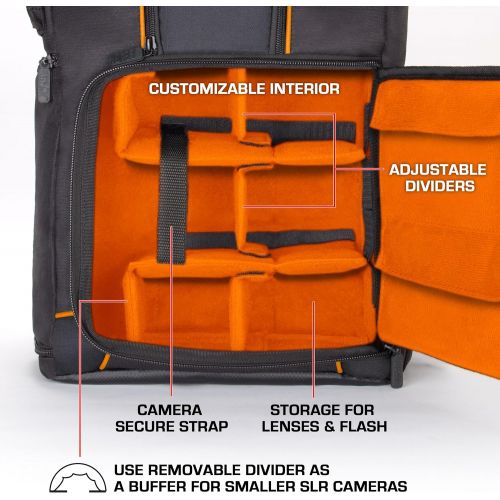  USA GEAR DSLR Camera Backpack Case (Orange) - 15.6 inch Laptop Compartment, Padded Custom Dividers, Tripod Holder, Rain Cover, Long-Lasting Durability and Storage Pockets - Compati