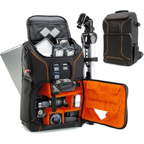  USA GEAR DSLR Camera Backpack Case (Orange) - 15.6 inch Laptop Compartment, Padded Custom Dividers, Tripod Holder, Rain Cover, Long-Lasting Durability and Storage Pockets - Compati