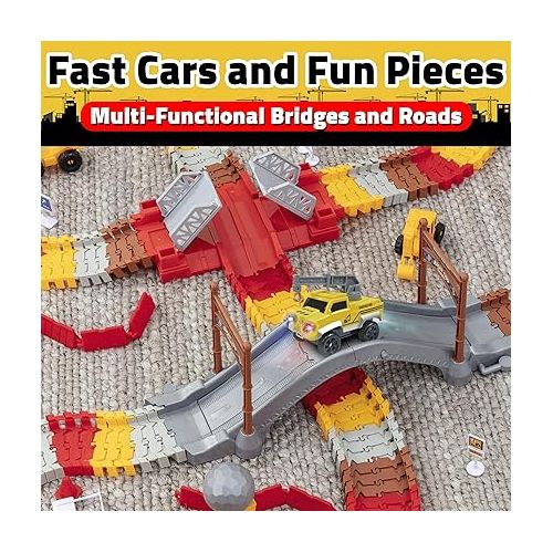  USA Toyz Snap Trax Construction Set Race Tracks and LED Toy Cars - 251 Pk STEM Building Toys Car Race Tracks Set with Bendable Race Car Track for Boys Girls, 3 Trucks, and 2 Light Up Toy Cars for Kids