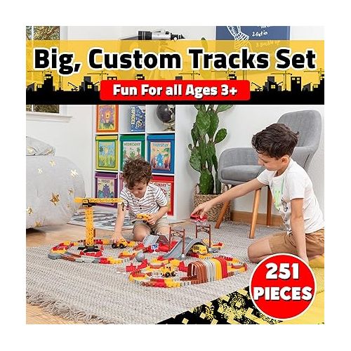  USA Toyz Snap Trax Construction Set Race Tracks and LED Toy Cars - 251 Pk STEM Building Toys Car Race Tracks Set with Bendable Race Car Track for Boys Girls, 3 Trucks, and 2 Light Up Toy Cars for Kids