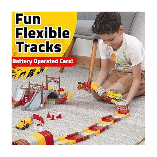  USA Toyz Snap Trax Construction Set Race Tracks and LED Toy Cars - 251 Pk STEM Building Toys Car Race Tracks Set with Bendable Race Car Track for Boys Girls, 3 Trucks, and 2 Light Up Toy Cars for Kids