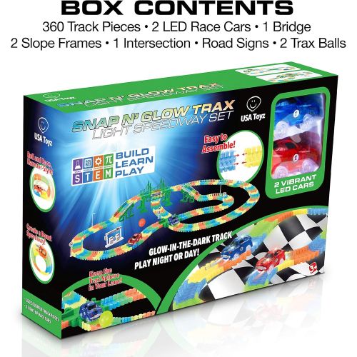  [아마존핫딜][아마존 핫딜] USA Toyz Glow Race Tracks for Boys and Girls - 360pk STEM Building Glow in The Dark Flexible Rainbow Race Track Set w/ 2 Light Up Toy Cars