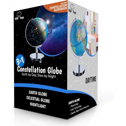  USA Toyz LED Illuminated Globe of The World with Sturdy Chrome Stand - 3 in 1 Educational Interactive Globe STEM Toy, Light Up Earth Globe, Constellation Globe and Nightlight, 13.5