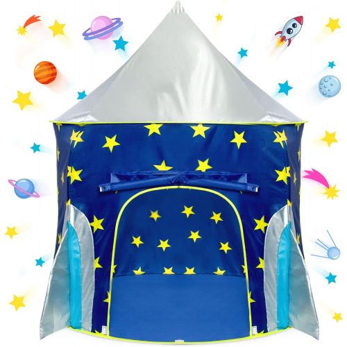  USA Toyz Rocket Ship Pop Up Kids Tent - Spaceship Rocket Indoor Playhouse Tent for Boys and Girls with Included Space Projector Toy and Kids Tent Storage Carry Bag