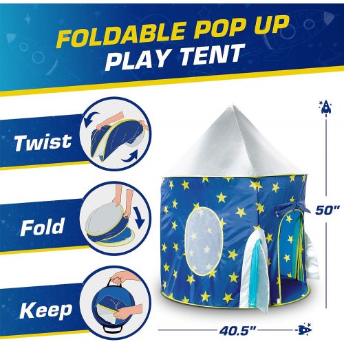  USA Toyz Rocket Ship Pop Up Kids Tent - Spaceship Rocket Indoor Playhouse Tent for Boys and Girls with Included Space Projector Toy and Kids Tent Storage Carry Bag