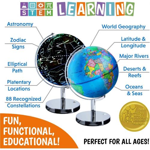  USA Toyz LED Illuminated Globe of The World with Sturdy Chrome Stand - 3 in 1 Educational Interactive Globe STEM Toy, Light Up Earth Globe, Constellation Globe and Nightlight, 13.5