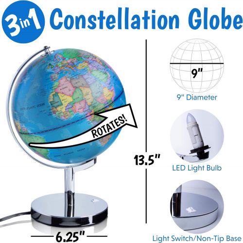  [아마존베스트]USA Toyz LED Illuminated Globe of The World with Sturdy Chrome Stand - 13.5 Inch Tall Educational Interactive Globe STEM Toy, Light Up Globe Lamp, Constellation Globe Night Light L