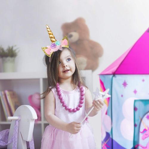  USA Toyz Unicorn Tent for Girls - Unicorn Pop Up Kids Tent w/ Unicorn Headband and Case, Unicorn Toys for Girls Indoor Princess Castle Kids Play Tent (Pink)