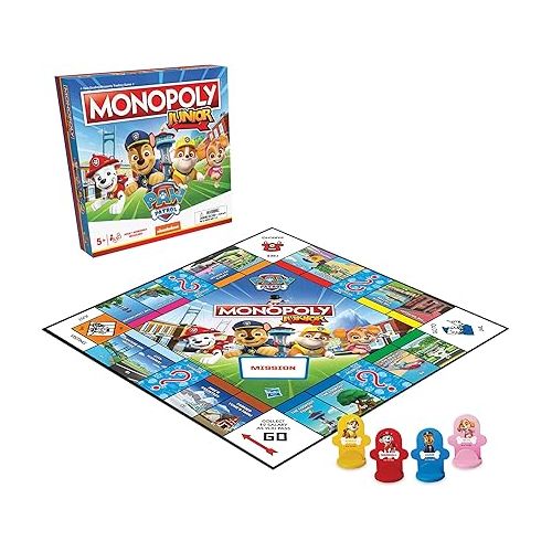  Monopoly JR PAW Patrol Board Game | Featuring Chase, Marshall, Skye, and Rubble | Officially Licensed Nickelodeon PAW Patrol Game | Family-Friendly Children's Monopoly Game | Ages 5 & Up