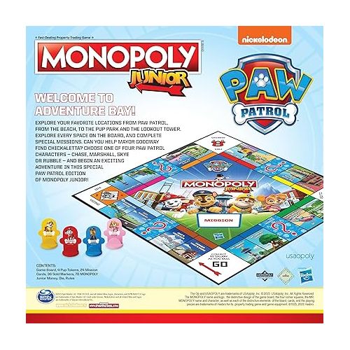  Monopoly JR PAW Patrol Board Game | Featuring Chase, Marshall, Skye, and Rubble | Officially Licensed Nickelodeon PAW Patrol Game | Family-Friendly Children's Monopoly Game | Ages 5 & Up